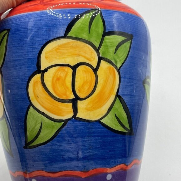 Milson & Louis Hand Painted Flower Vase Cobalt Blue Yellow Flowers Red Rim 6" - Picture 2 of 8